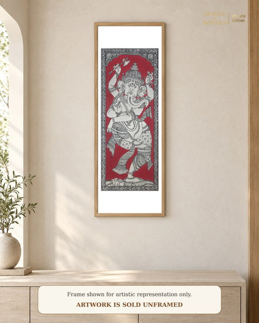 Dancing Ganesha Pattachitra shown framed on a wall, crimson red colourway