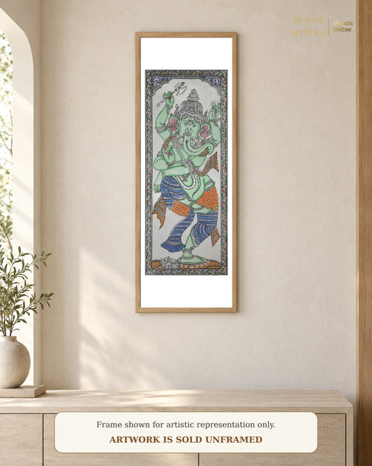 Dancing Ganesha Pattachitra shown framed on a wall, forest green colourway