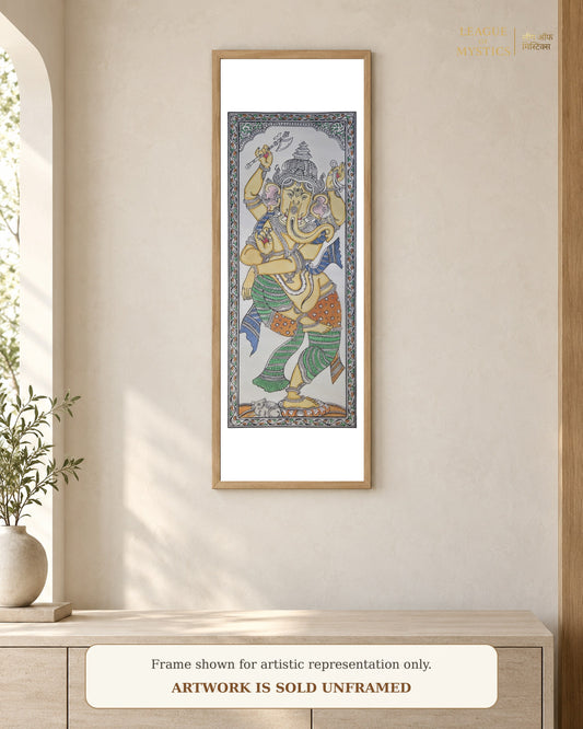Dancing Ganesha Pattachitra shown framed on a wall, honey gold colourway