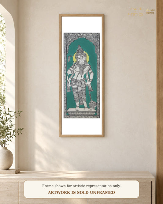 Hanuman Ji Pattachitra shown framed on a wall, jade green colourway