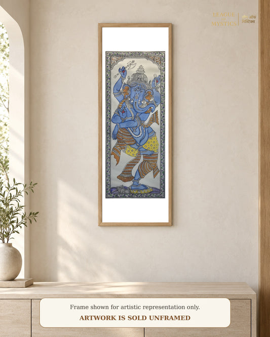 Dancing Ganesha Pattachitra shown framed on a wall, sapphire blue colourway