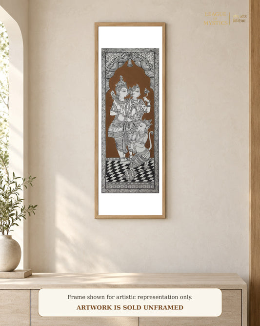 Ram Darbar Pattachitra shown framed on a wall, sienna brown colourway
