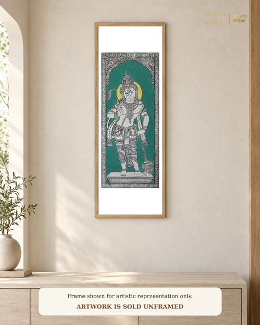 Hanuman Ji Pattachitra shown framed on a wall, teal colourway