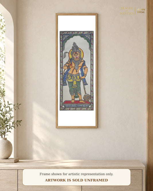 Hanuman Ji Pattachitra shown framed on a wall, vermilion colourway