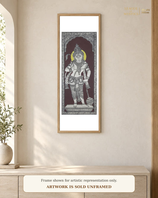 Hanuman Ji Pattachitra shown framed on a wall, wine maroon colourway