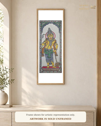 Hanuman Ji Pattachitra shown framed on a wall, amber colourway