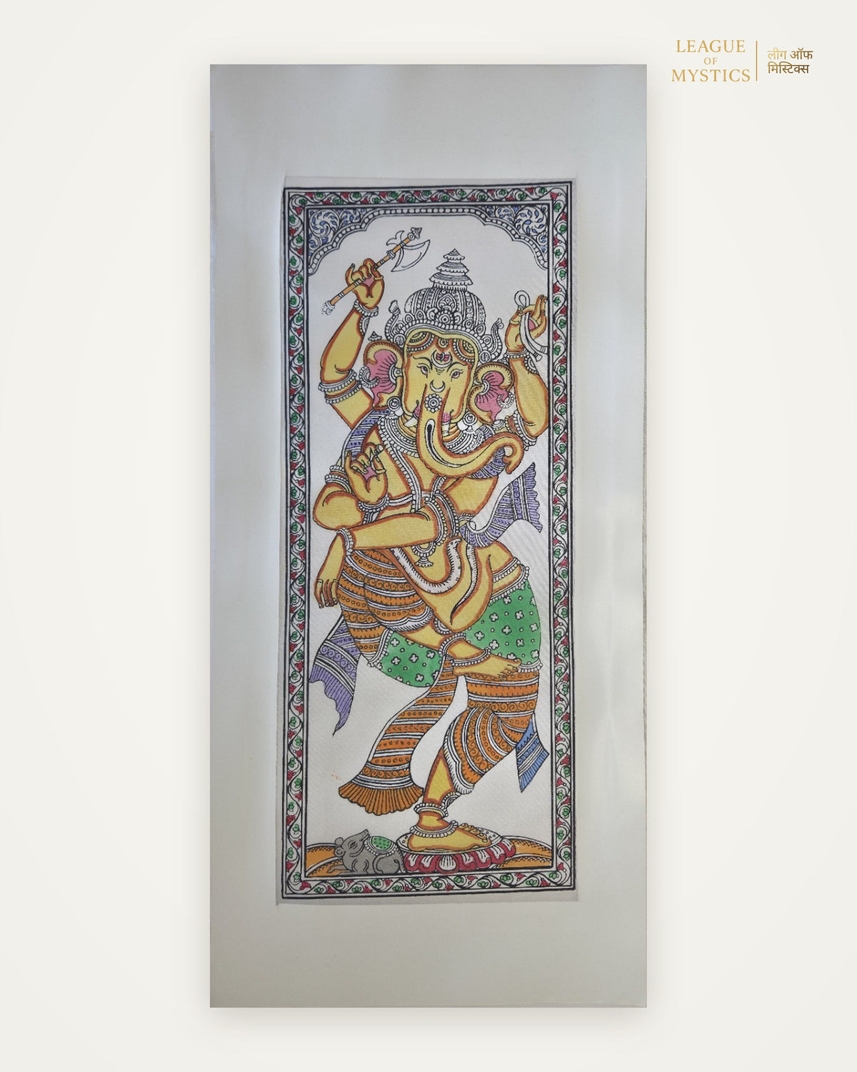 Dancing Ganesha Pattachitra painting, antique gold colourway, hand-painted Odisha wall art