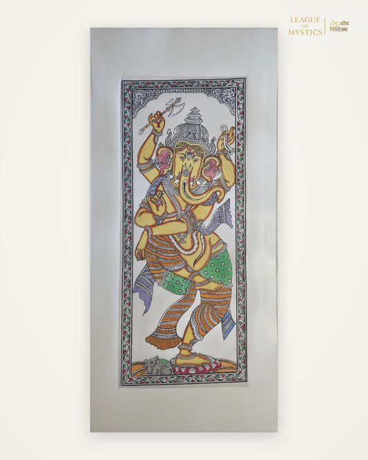 Dancing Ganesha Pattachitra painting, antique gold colourway, hand-painted Odisha wall art