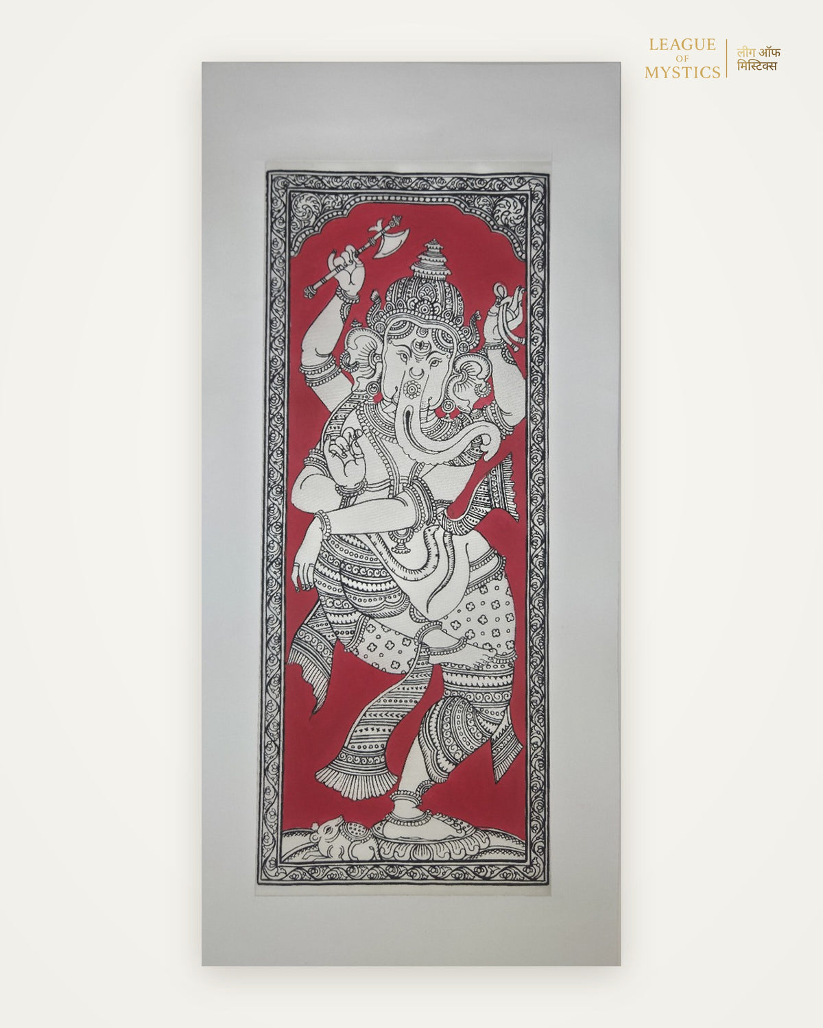 Dancing Ganesha Pattachitra painting, crimson red colourway, hand-painted Odisha wall art