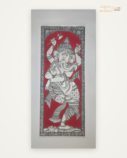 Dancing Ganesha Pattachitra painting, crimson red colourway, hand-painted Odisha wall art