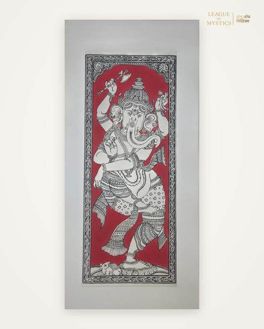Dancing Ganesha Pattachitra painting, crimson red colourway, hand-painted Odisha wall art