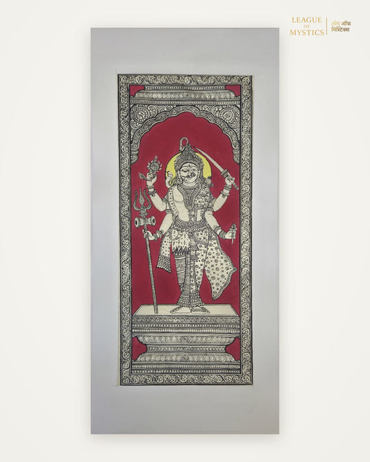 Shiva Pattachitra painting, crimson colourway, hand-painted Odisha wall art