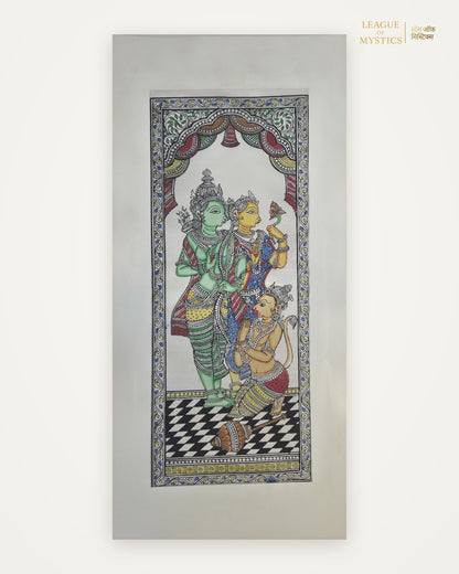 Ram Darbar Pattachitra painting, emerald & crimson colourway, hand-painted Odisha wall art