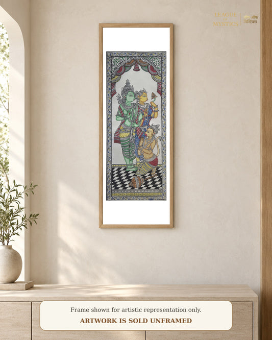 Ram Darbar Pattachitra shown framed on a wall, emerald & crimson colourway