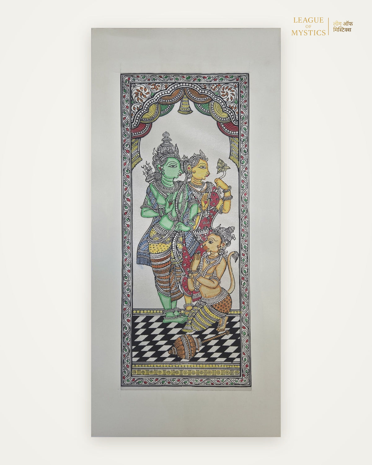 Ram Darbar Pattachitra painting, emerald & indigo colourway, hand-painted Odisha wall art