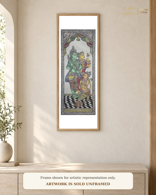 Ram Darbar Pattachitra shown framed on a wall, emerald & indigo colourway