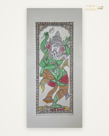 Dancing Ganesha Pattachitra painting, emerald green colourway, hand-painted Odisha wall art