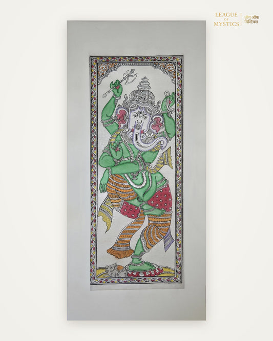Dancing Ganesha Pattachitra painting, emerald green colourway, hand-painted Odisha wall art