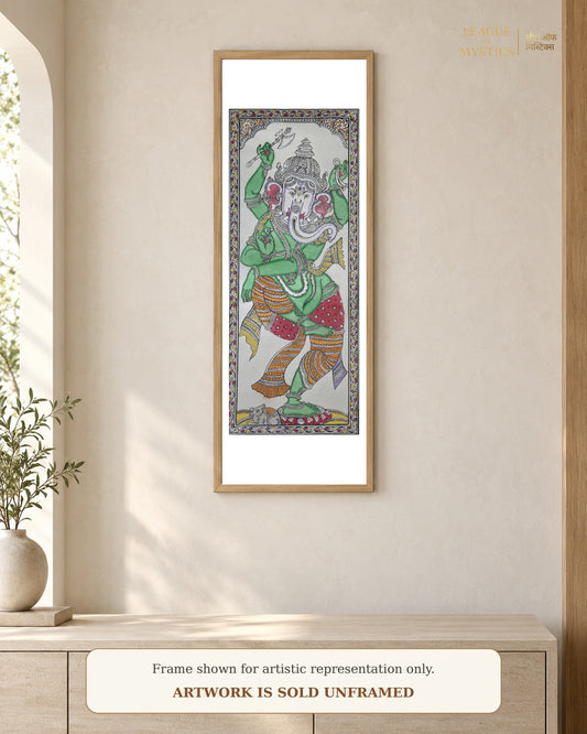 Dancing Ganesha Pattachitra shown framed on a wall, emerald green colourway