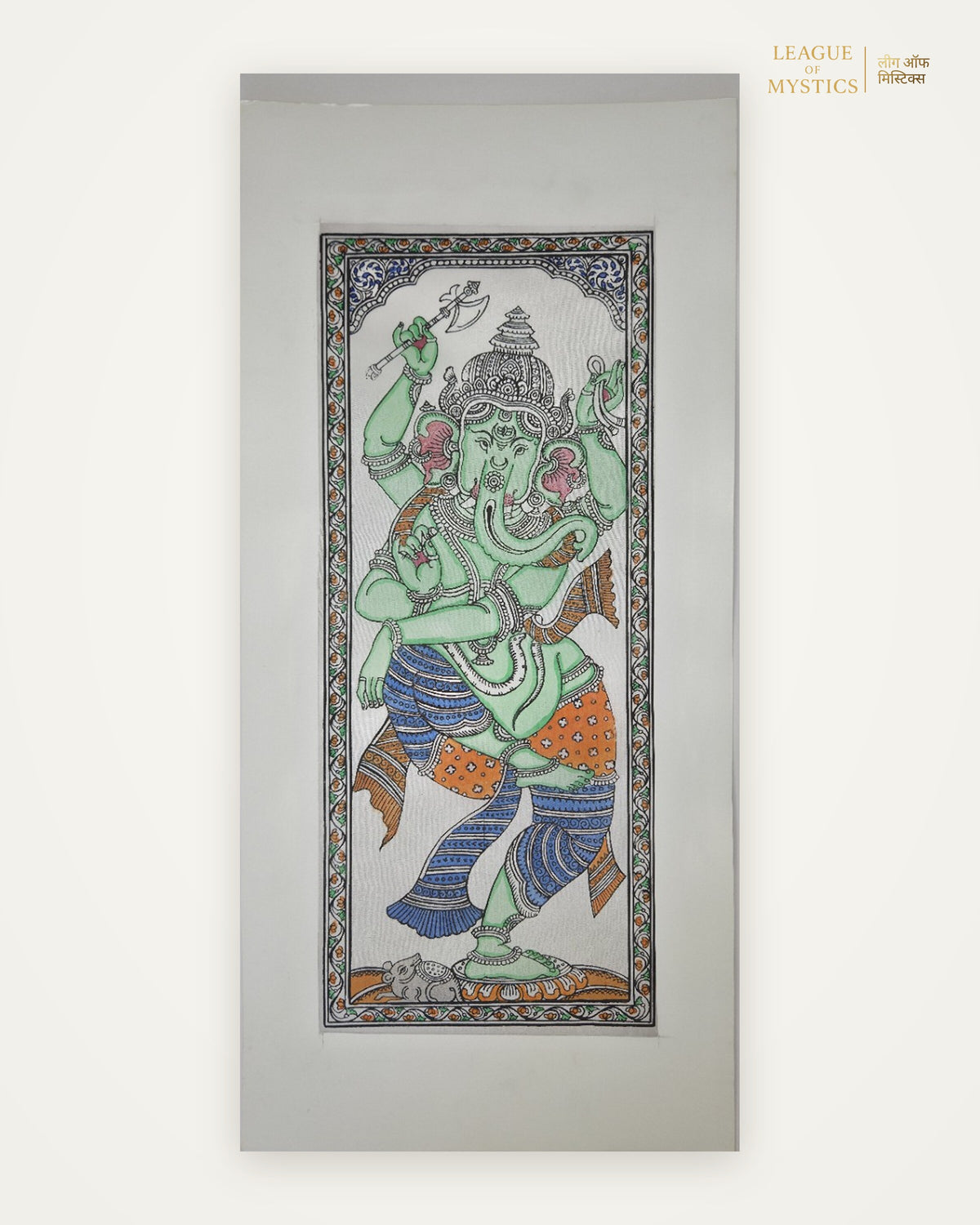 Dancing Ganesha Pattachitra painting, forest green colourway, hand-painted Odisha wall art