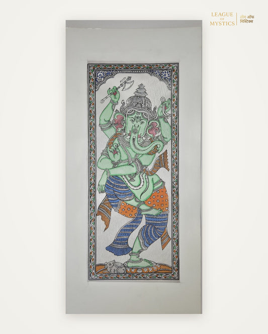Dancing Ganesha Pattachitra painting, forest green colourway, hand-painted Odisha wall art