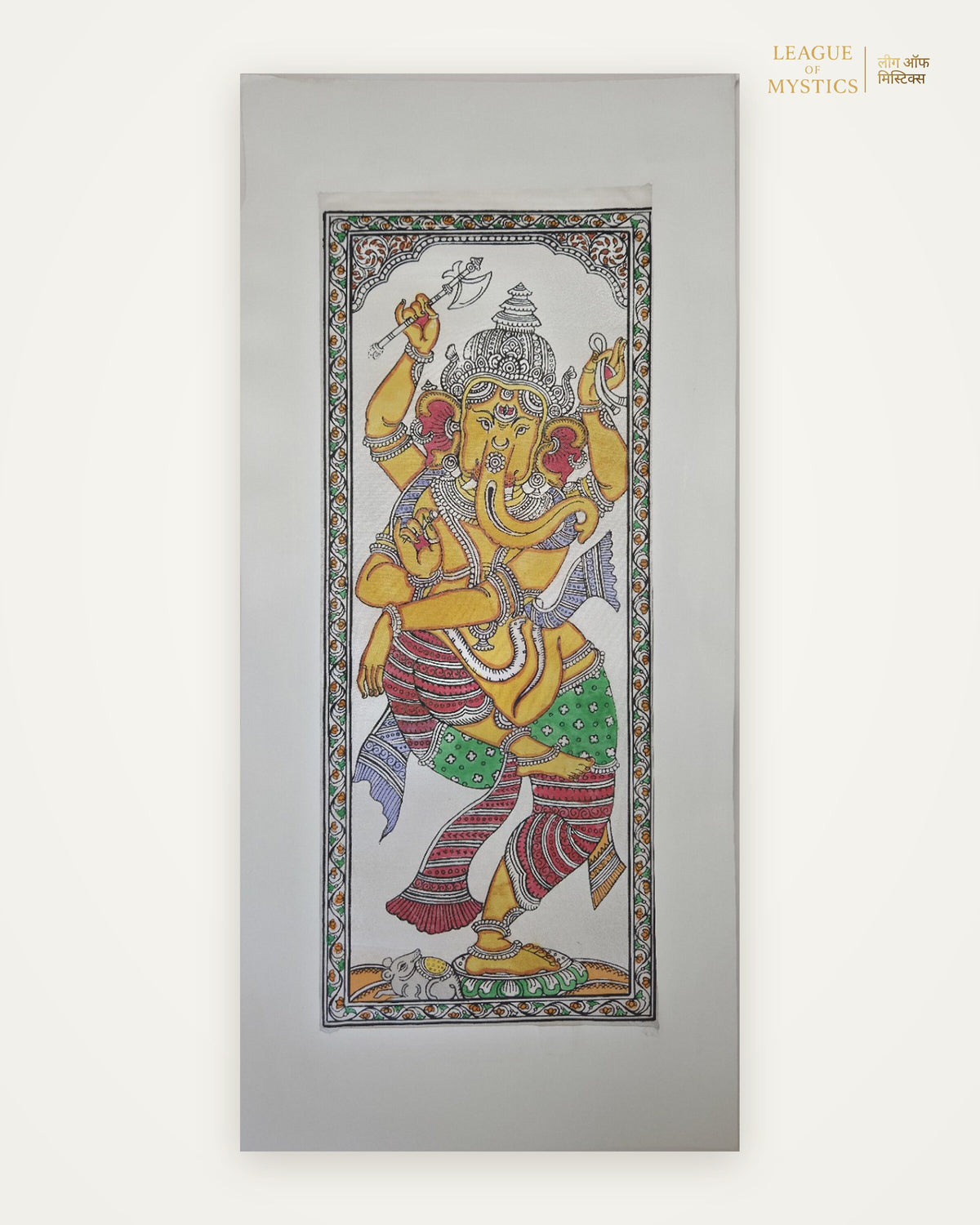 Dancing Ganesha Pattachitra painting, golden amber colourway, hand-painted Odisha wall art