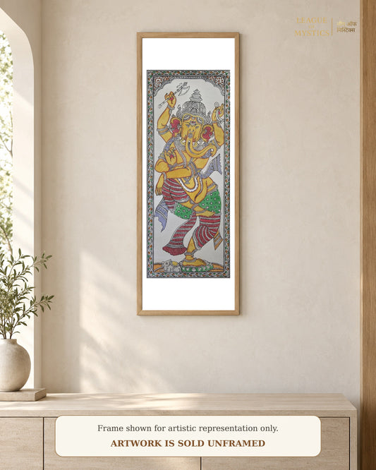 Dancing Ganesha Pattachitra shown framed on a wall, golden amber colourway