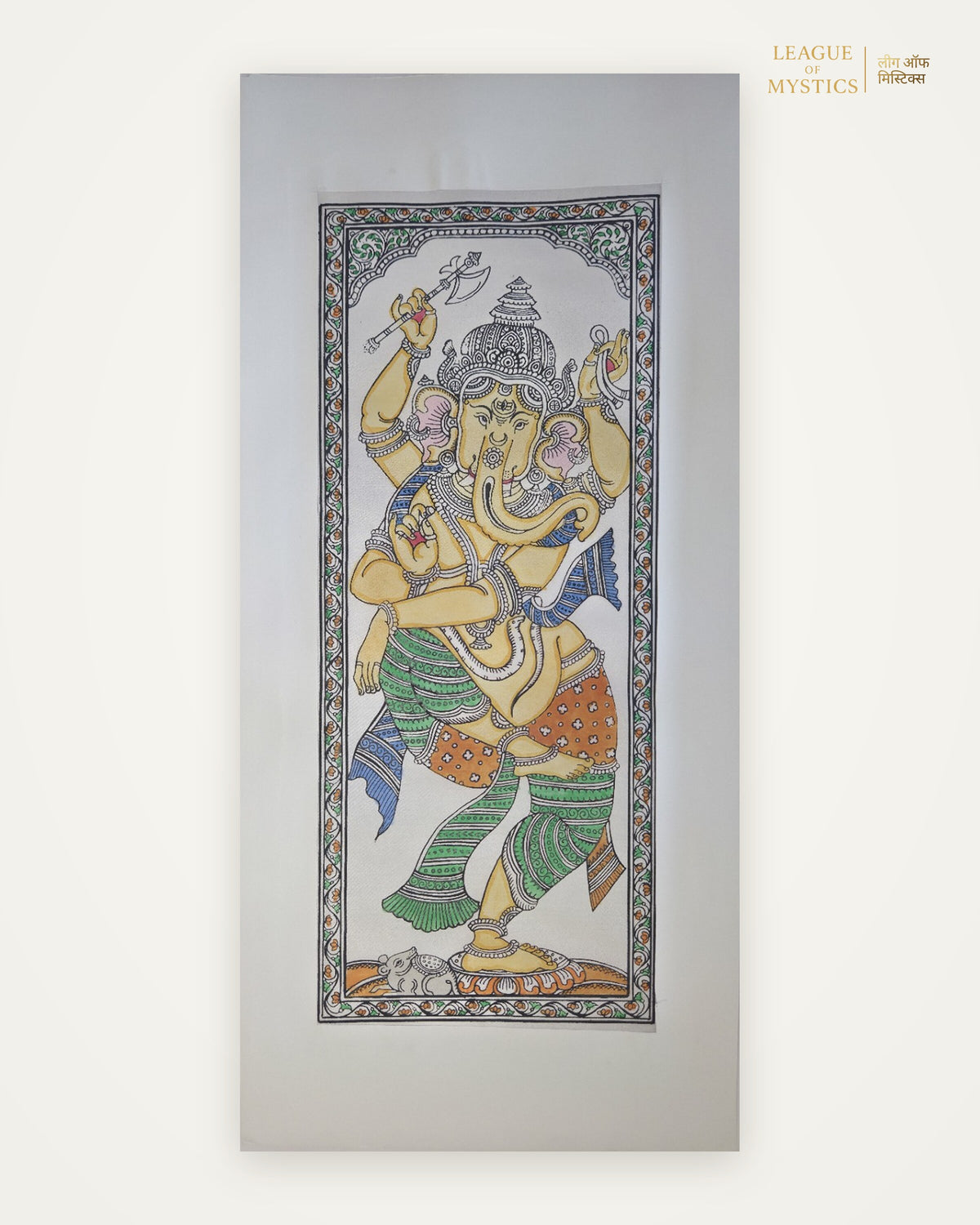 Dancing Ganesha Pattachitra painting, honey gold colourway, hand-painted Odisha wall art