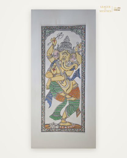 Dancing Ganesha Pattachitra painting, honey gold colourway, hand-painted Odisha wall art