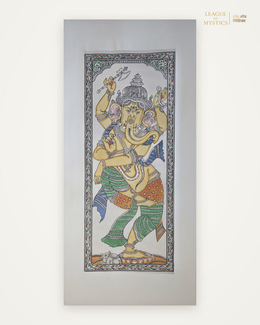 Dancing Ganesha Pattachitra painting, honey gold colourway, hand-painted Odisha wall art