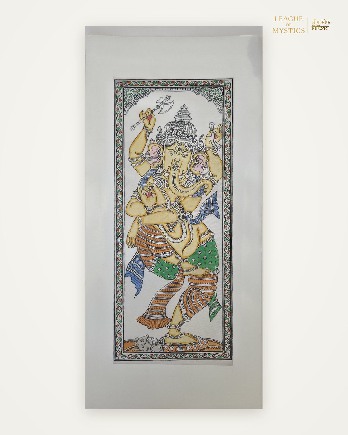 Dancing Ganesha Pattachitra painting, ivory gold colourway, hand-painted Odisha wall art