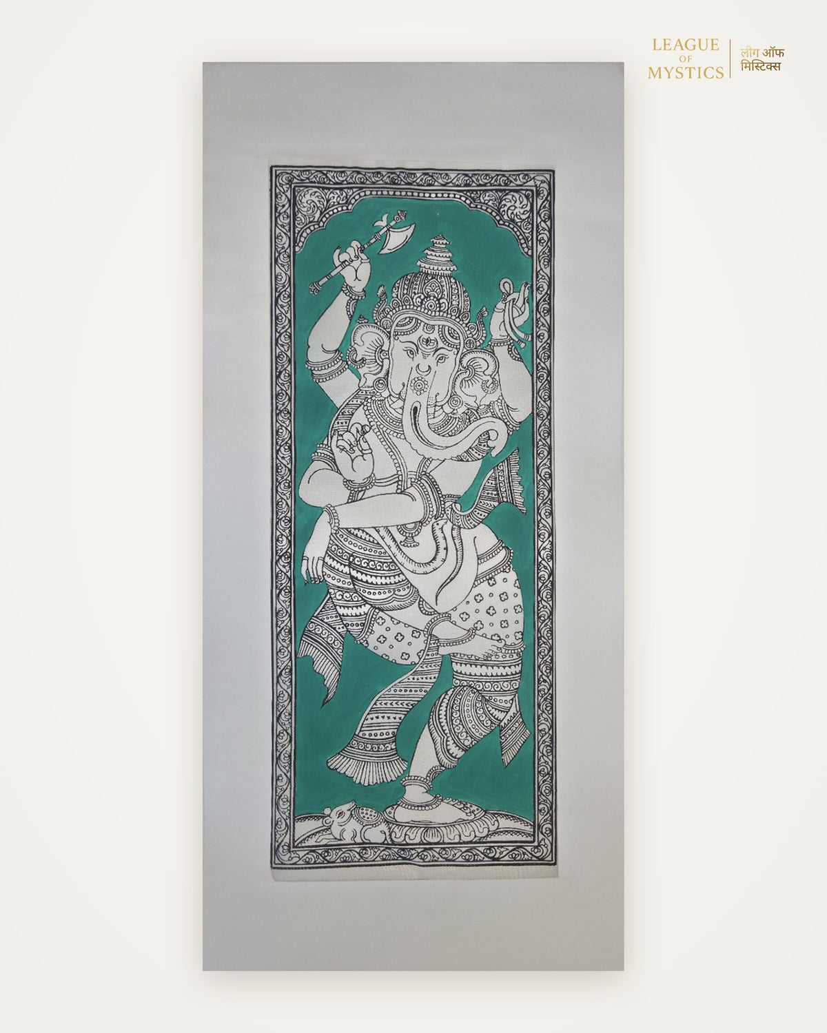 Dancing Ganesha Pattachitra painting, jade green colourway, hand-painted Odisha wall art