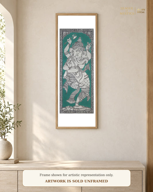 Dancing Ganesha Pattachitra shown framed on a wall, jade green colourway