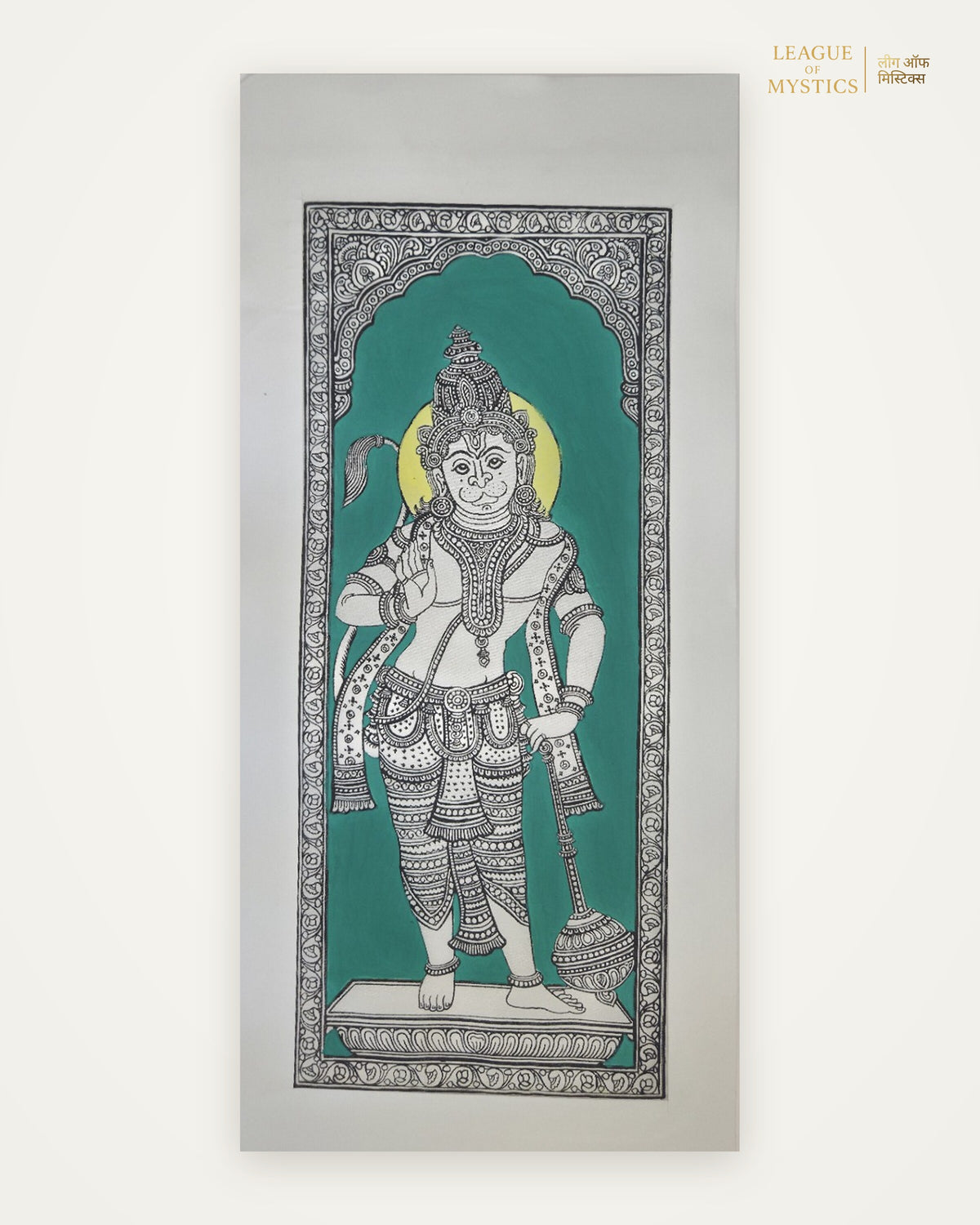 Hanuman Ji Pattachitra painting, jade green colourway, hand-painted Odisha wall art
