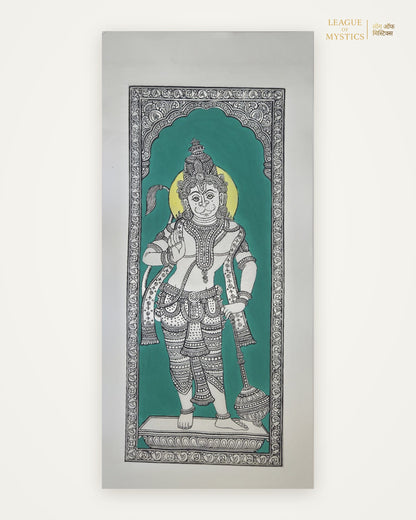 Hanuman Ji Pattachitra painting, jade green colourway, hand-painted Odisha wall art