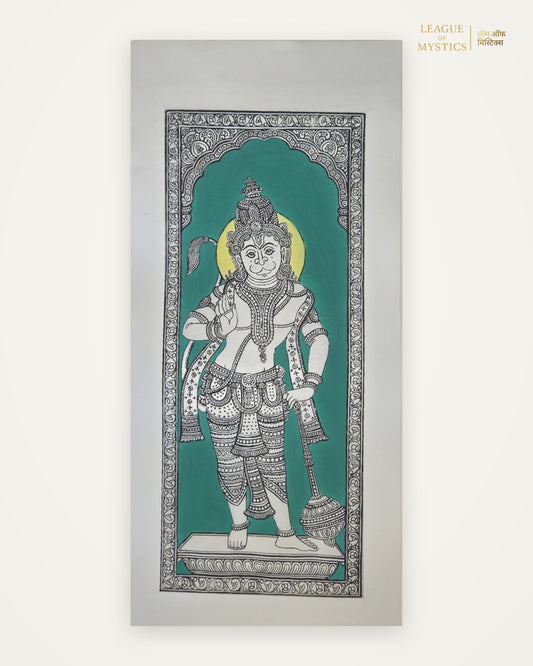 Hanuman Ji Pattachitra painting, jade green colourway, hand-painted Odisha wall art