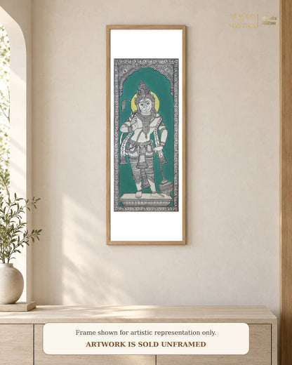 Hanuman Ji Pattachitra shown framed on a wall, jade green colourway