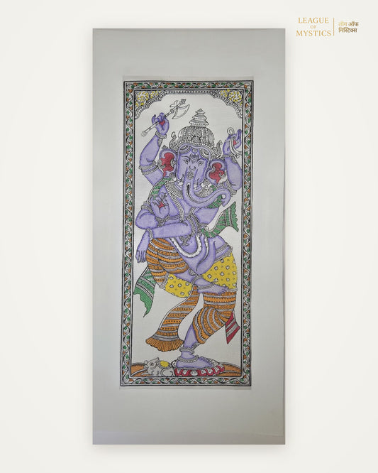 Dancing Ganesha Pattachitra painting, lavender colourway, hand-painted Odisha wall art