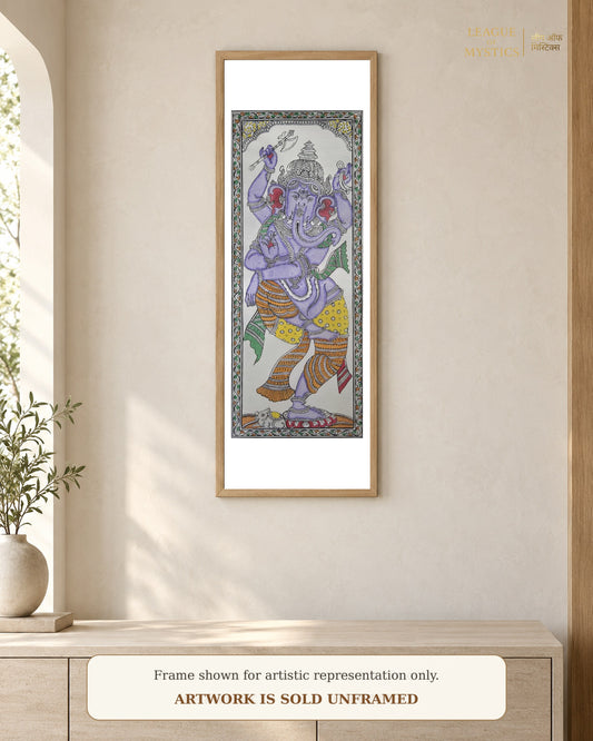 Dancing Ganesha Pattachitra shown framed on a wall, lavender colourway