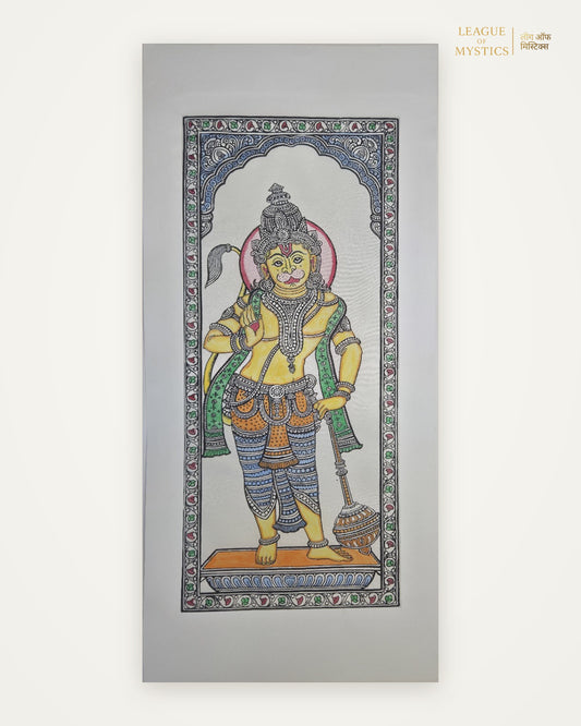 Hanuman Ji Pattachitra painting, marigold colourway, hand-painted Odisha wall art