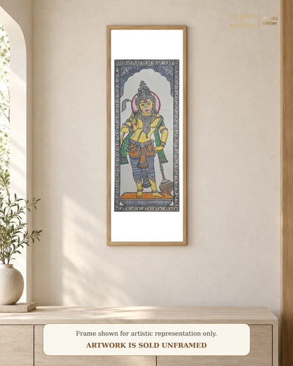 Hanuman Ji Pattachitra shown framed on a wall, marigold colourway