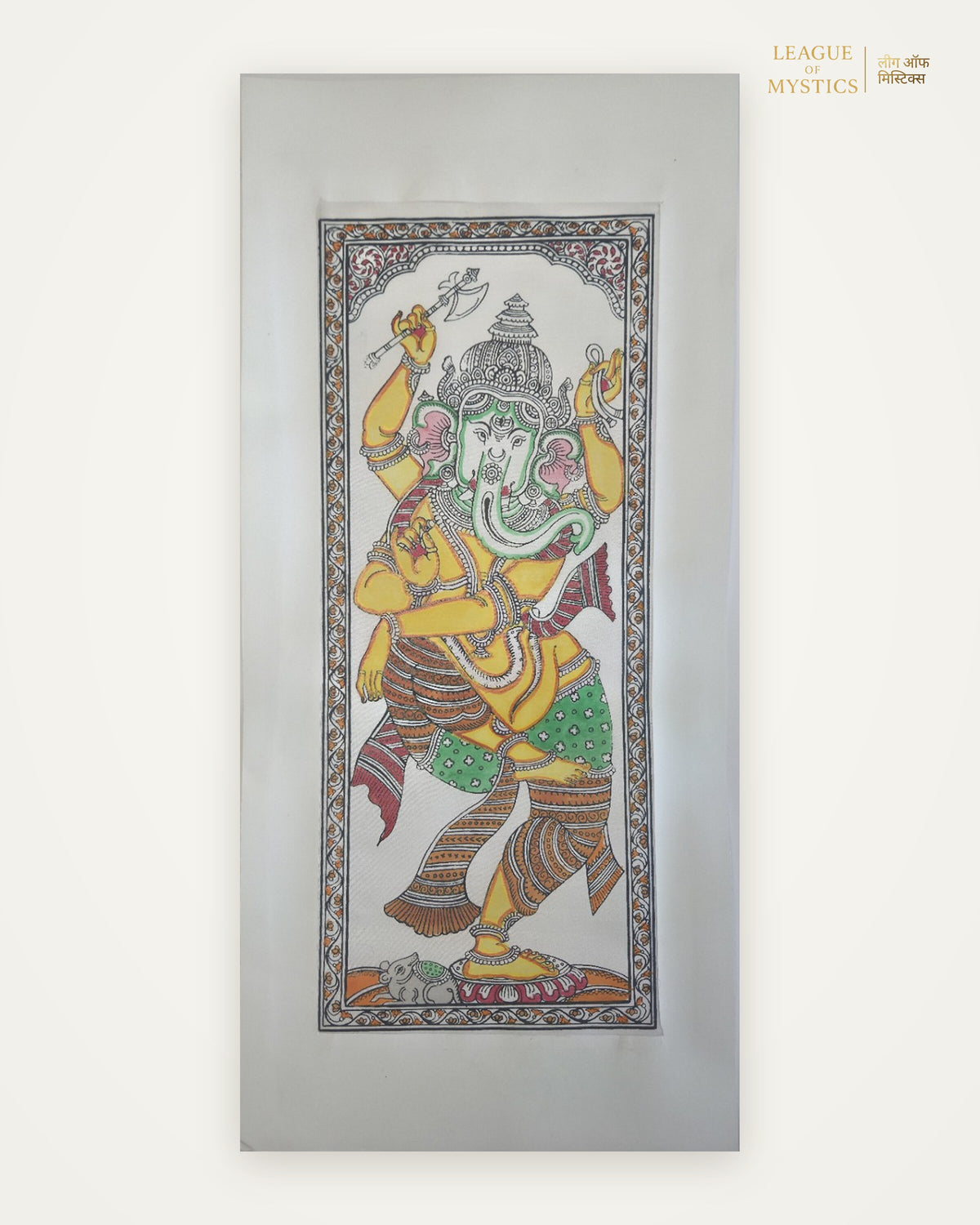 Dancing Ganesha Pattachitra painting, mint & gold colourway, hand-painted Odisha wall art