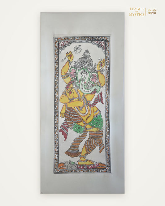 Dancing Ganesha Pattachitra painting, mint & gold colourway, hand-painted Odisha wall art