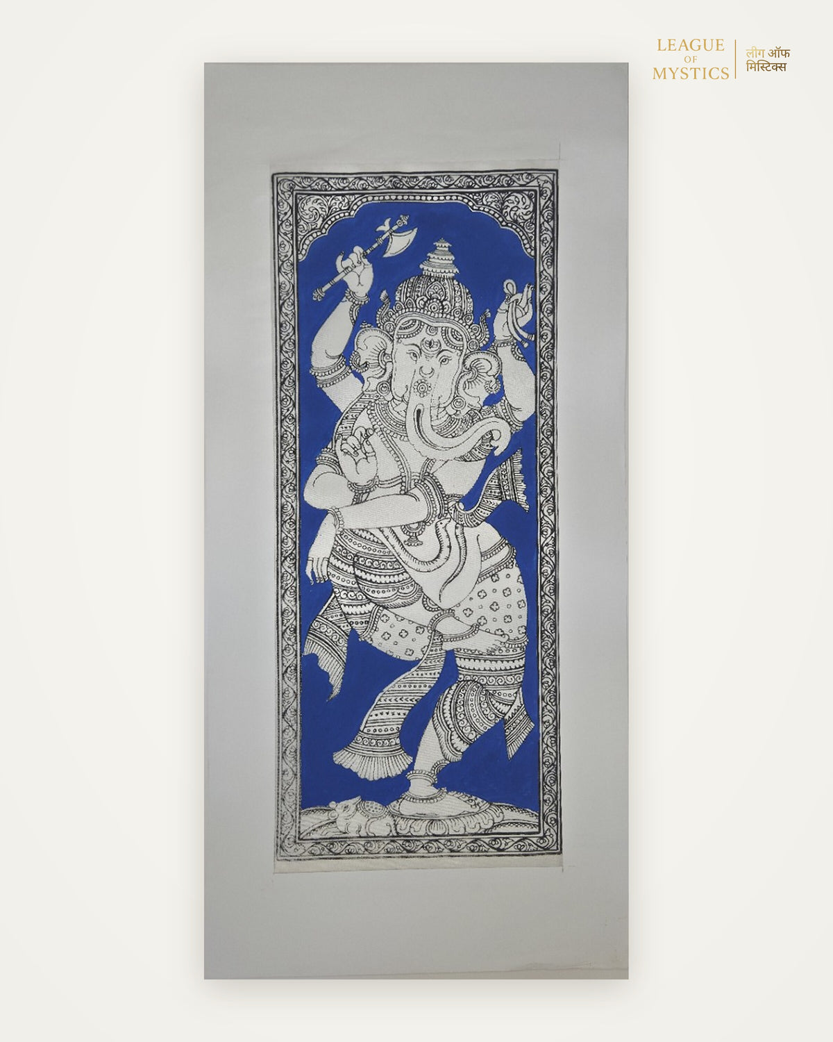 Dancing Ganesha Pattachitra painting, royal blue colourway, hand-painted Odisha wall art