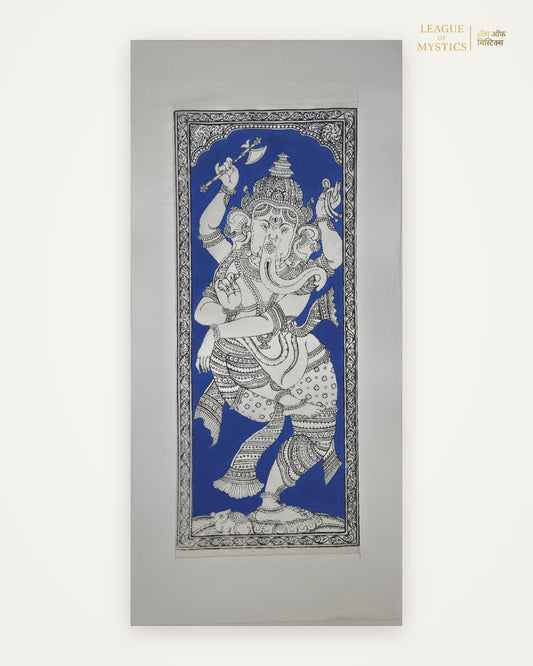 Dancing Ganesha Pattachitra painting, royal blue colourway, hand-painted Odisha wall art