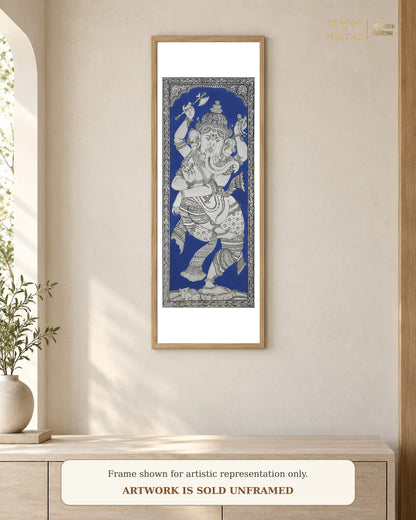 Dancing Ganesha Pattachitra shown framed on a wall, royal blue colourway