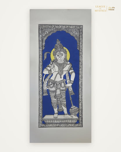 Hanuman Ji Pattachitra painting, royal blue colourway, hand-painted Odisha wall art