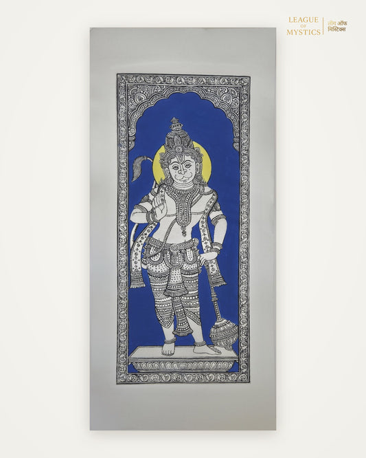 Hanuman Ji Pattachitra painting, royal blue colourway, hand-painted Odisha wall art