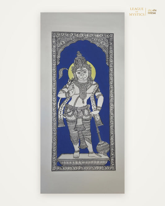 Hanuman Ji Pattachitra painting, royal blue colourway, hand-painted Odisha wall art