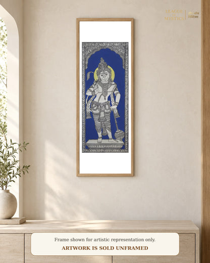 Hanuman Ji Pattachitra shown framed on a wall, royal blue colourway